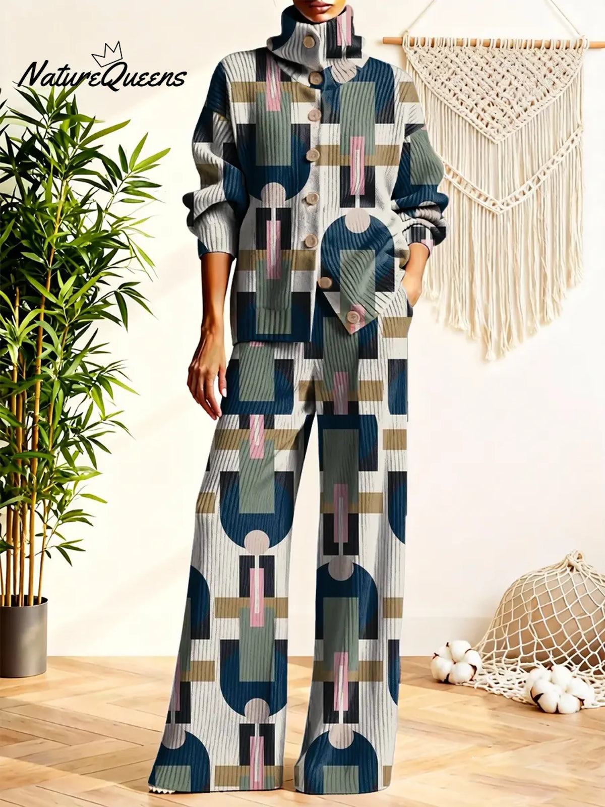 Women's GeometricPattern Art Print Casual Cotton Knitted Suits
