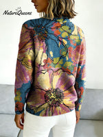 Elegant Large Floral Decorative Patterns Casual Shirt Collar Long Sleeve Sweater