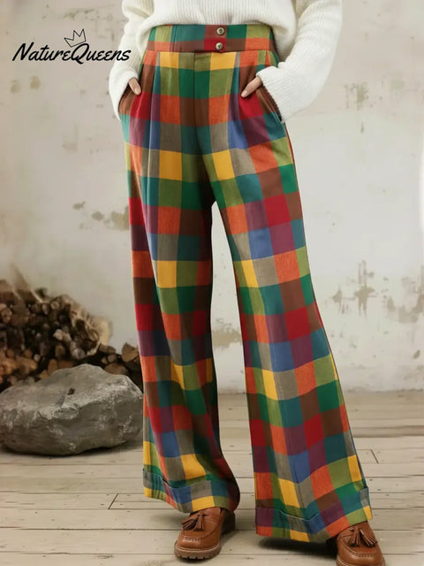 Women's Retro Plaid Cotton Wide-leg Pants
