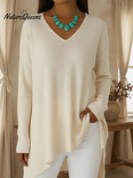 Basic Casual V-neck Irregular Hem Sweater