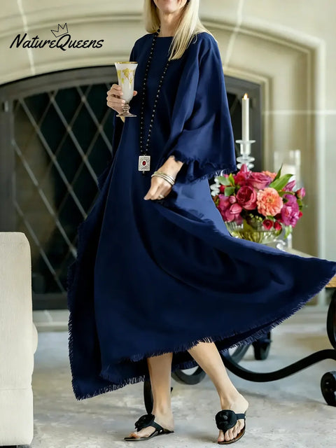 Women's Solid Color Round Neck Long-sleeved Casual Loose Cotton And Linen Dress