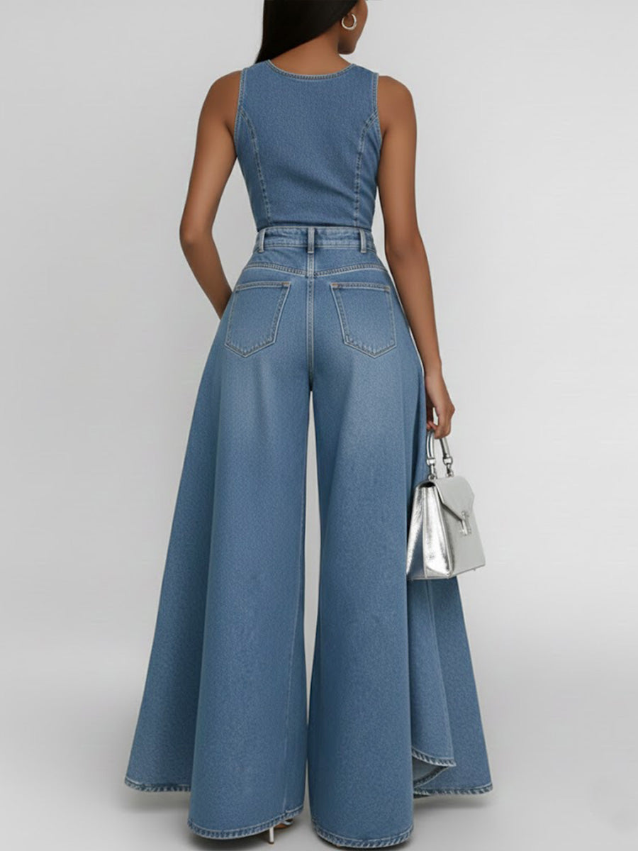 Women's Round Neck Sleeveless Casual Loose Wide-leg Denim Jumpsuit