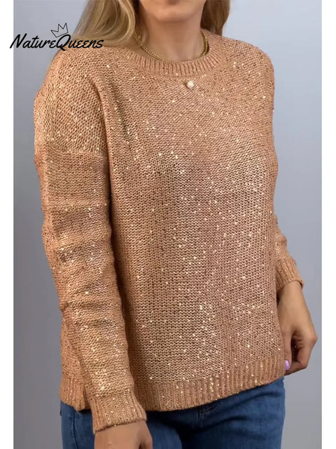 Women's Round Neck Shiny Knit Sweater
