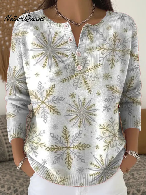 Women's Christmas Snowflake Art Print Casual Buttoned Cardigan Sweater