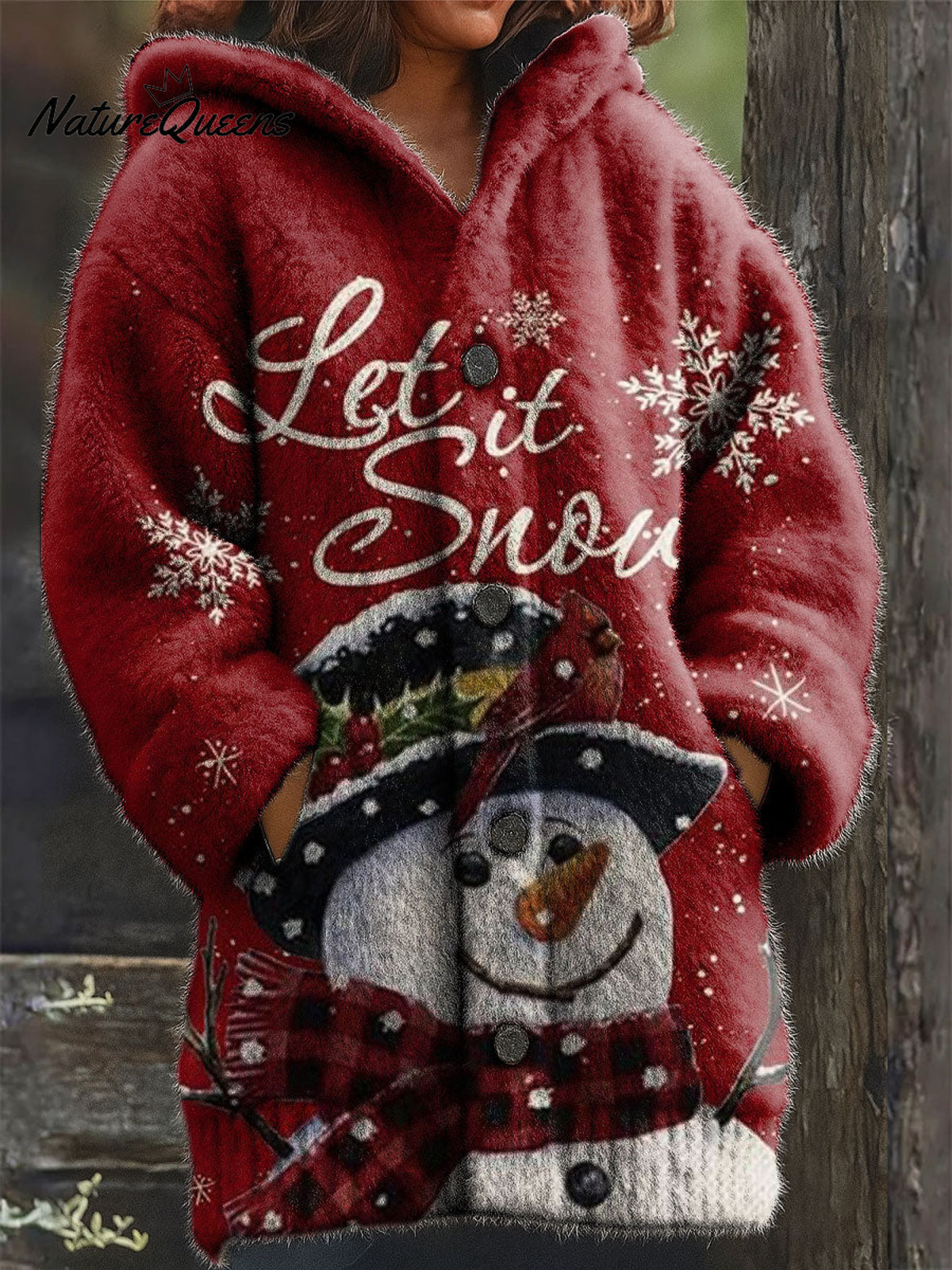 Women's Christmas Cute Snowman Snowflakes Pattern Art Print Casual Plush Warm Coat