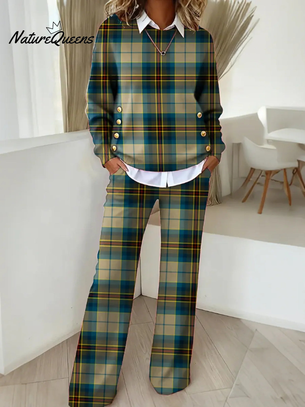 Women's Plaid Pattern Art Print Casual Cotton Knitted Suits