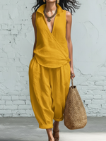 Minimalist Collared Shirt And Wide-leg Pant Linen Two-piece Set
