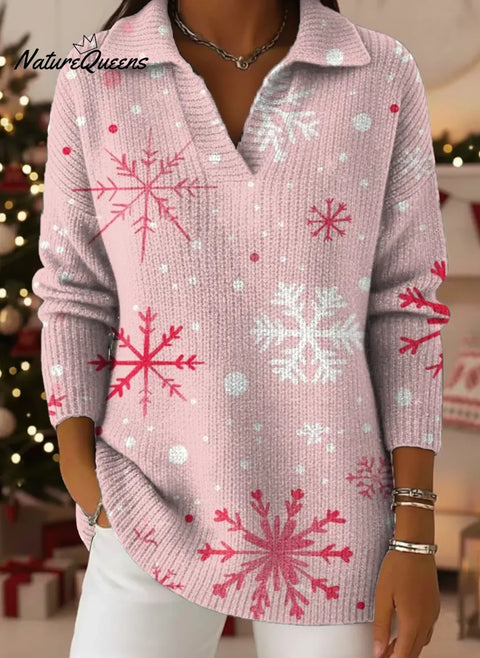 Women's Christmas Snowflake Pattern Art Print Casual Cotton Sweater