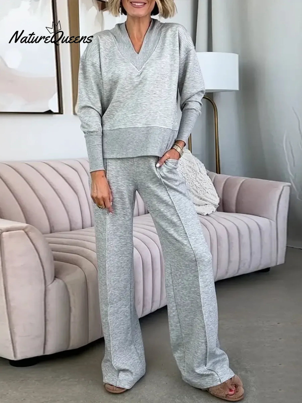 Women's Solid Color V-Neck Long Sleeve Casual Loose Sweatshirt High Waist Casual Loose Wide Leg Set