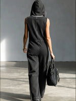 Casual Patchwork Striped Hooded Denim Jumpsuit