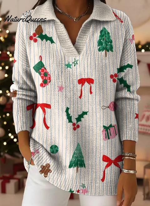 Christmas Print Lapel Casual Knit Sweater