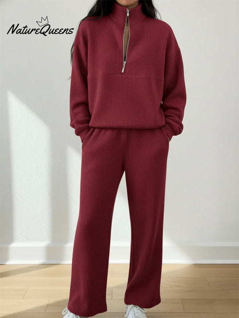 Casual Travel Stand-up Collar Zip-up Waffle Sweatshirt And Pants Set
