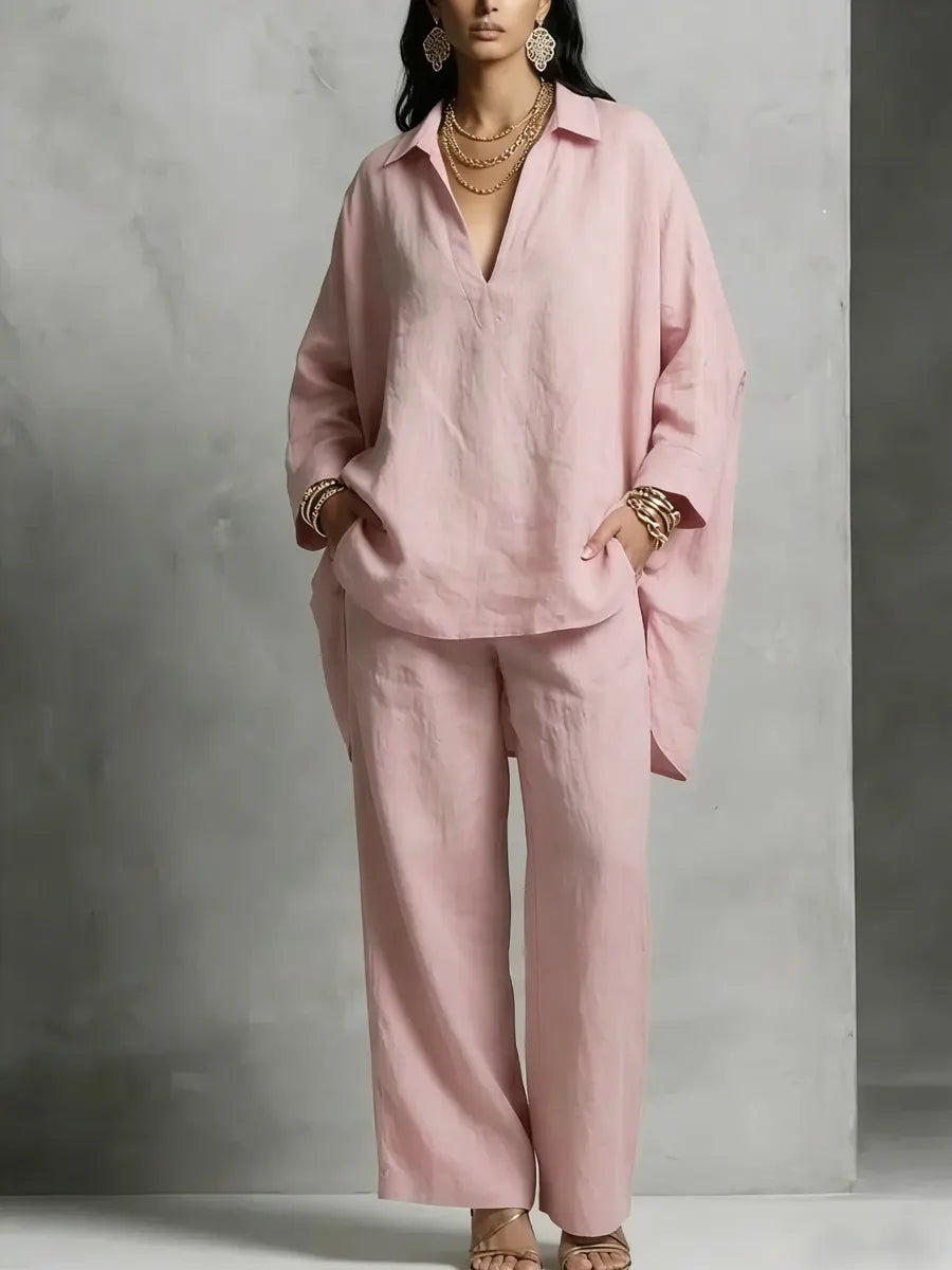 Simple V-neck Cotton And Linen Set