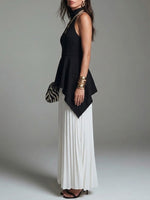 Women's Irregular Waist Ruffle Blouse With Chiffon Wide-leg Pants Set