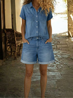 Casual Short-sleeved Denim Shirt And Denim Shorts Two-piece Set