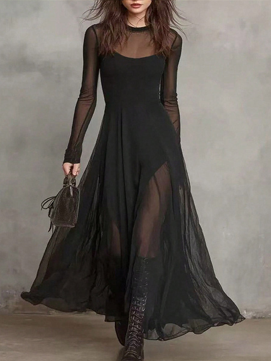 Women's Solid-color Round-neck Long-sleeve Casual Loose Mesh Dress