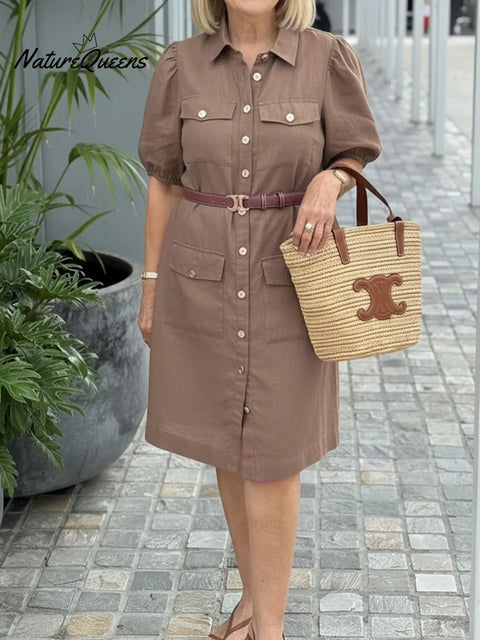 Women's Casual Cotton Linen Shirt Dress