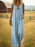 Cozy Pleated Drawstring Cotton Jumpsuit