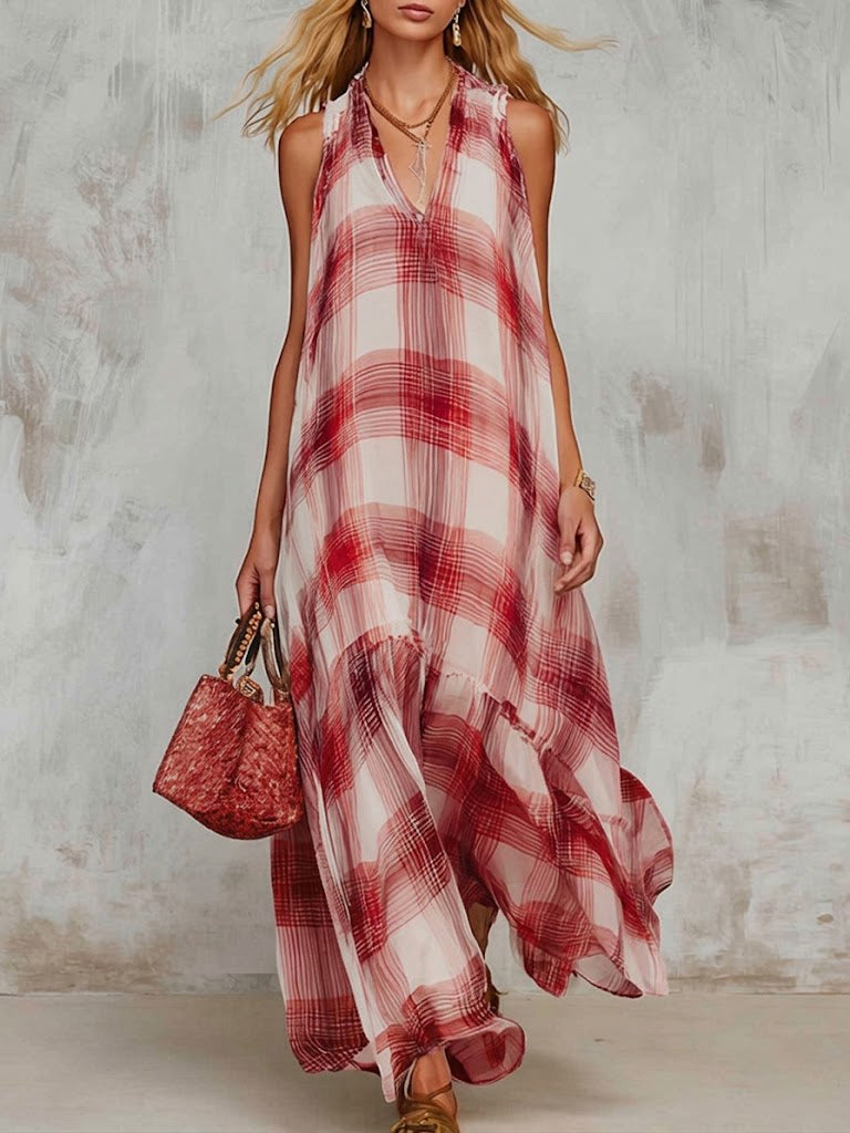 Ombré Plaid Sleeveless V-neck Maxi Dress With Flowing Full Skirt