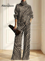 Women's Abstract Line Pattern Art Print Casual Cotton Knitted Suits