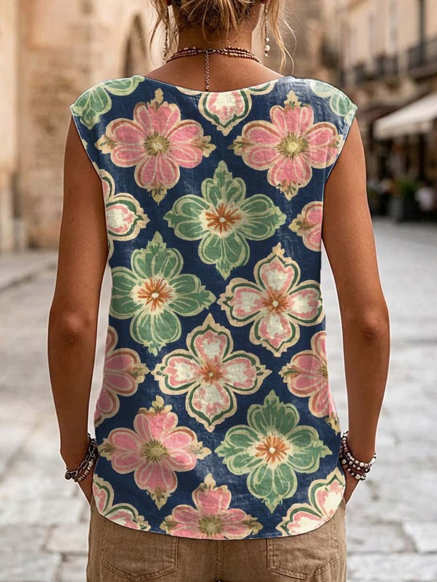 Women's Floral Pattern Art Print Casual Sleeveless Cotton Shirt