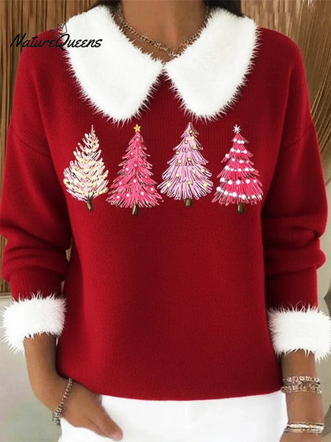 Christmas Tree Print Peter Pan Fur Collar Sweater Top