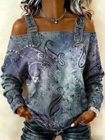 Women‘s Paisley Pattern Print Casual Cotton Denim Shirt