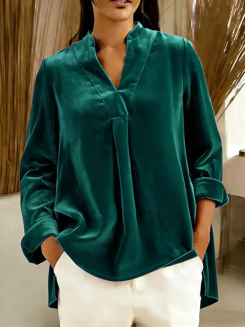 Women's Solid Color V-neck Long Sleeve Casual Loose Velvet Top
