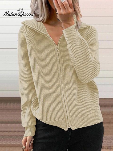 Women's Striped Casual Loose Knit Cardigan Zip Lapel Sweater