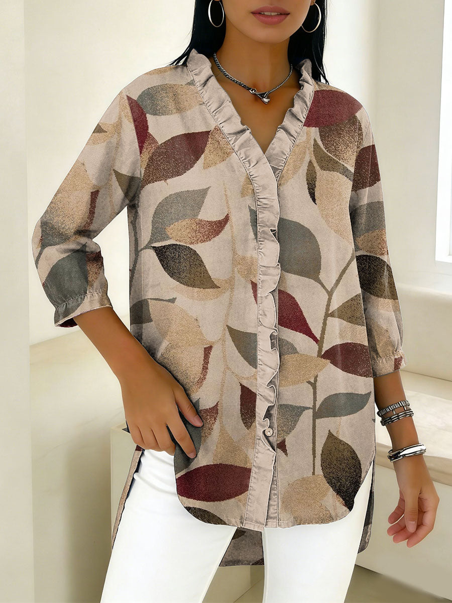 Elegant Leaf Decorative Pattern Women's Casual V Collar Cotton Shirt