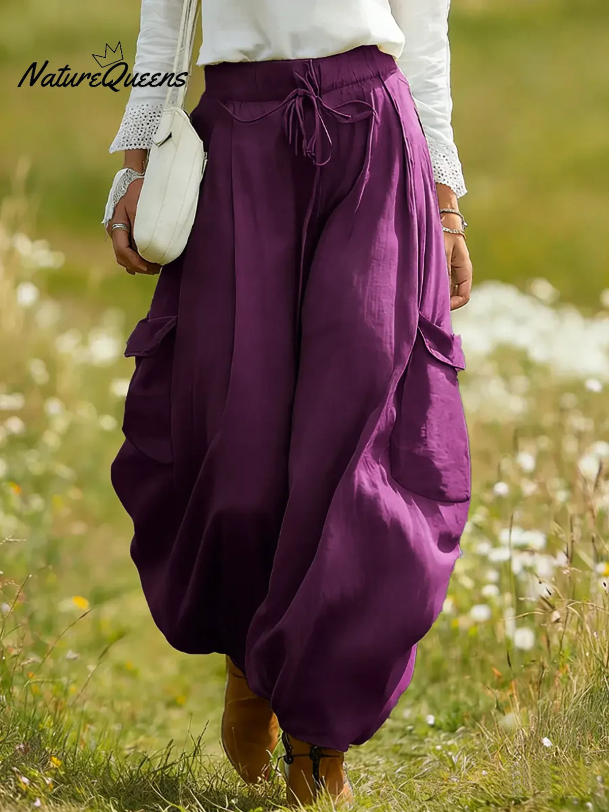 Women's Solid Color High-waisted Drawstring Casual Loose Cotton Wide-leg Pants