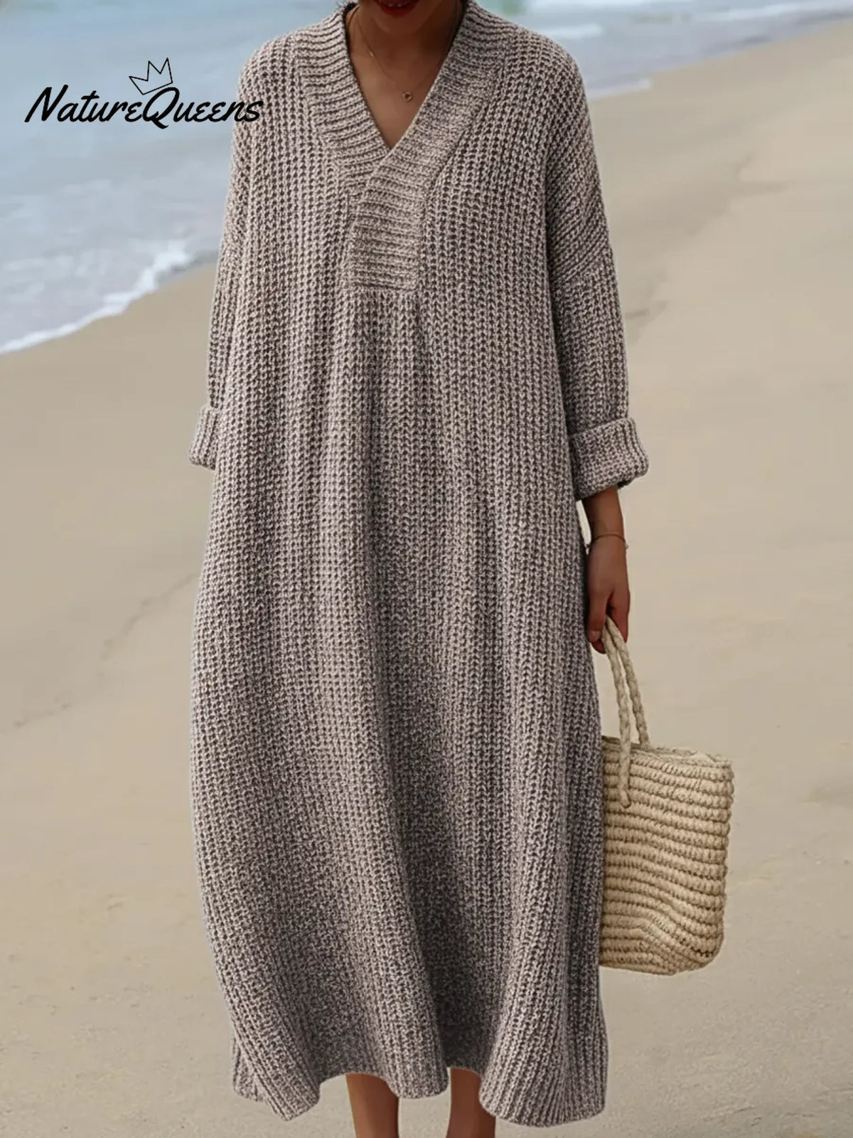 Women's V-neck Knitted Sweater Dress
