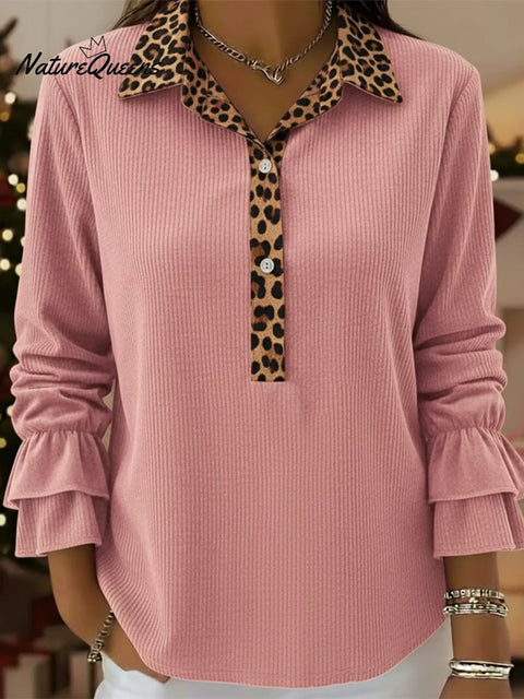 Retro Leopard Print Collared Ruffled Sleeve Pullover