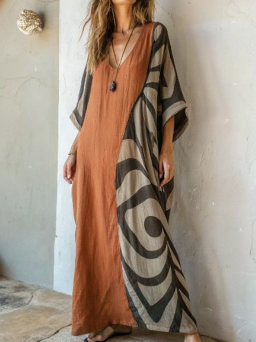 Women's Geometric Patchwork V-neck Casual Cotton And Linen Dress