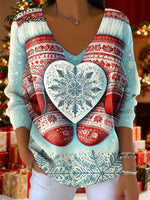Women's Christmas Gloves Snow Art Pattern Art Print V-neck Solid Color Loose Shiny Sweater