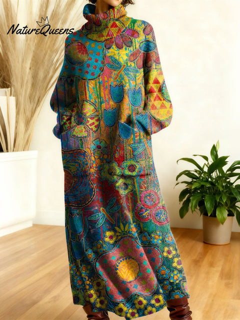 Women's Retro Color Flowers Gradient High-neck Long-sleeve Casual Loose Knit Dress