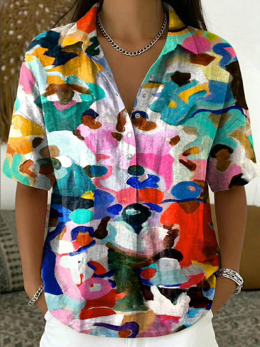 Casual Cotton-linen Shirt With Abstract Graffiti Art Pattern