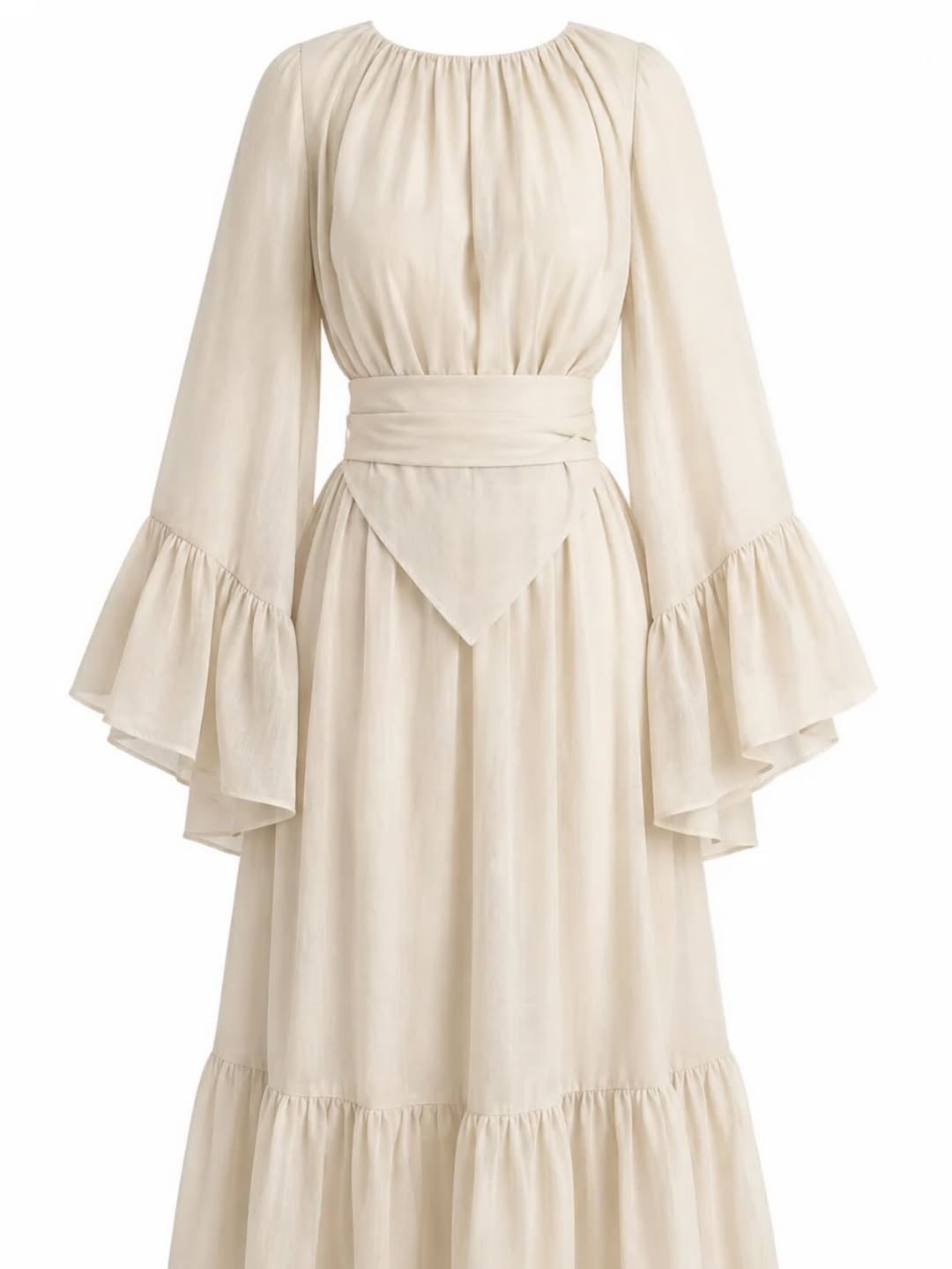Women's Crew Neck Ruffled Flare-sleeve Midi Dress – Chiffon Dress With Waist Tie And Ruffle Details