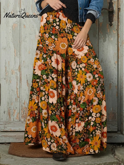 Boho Stretch Daisy Print Wide-leg Pants