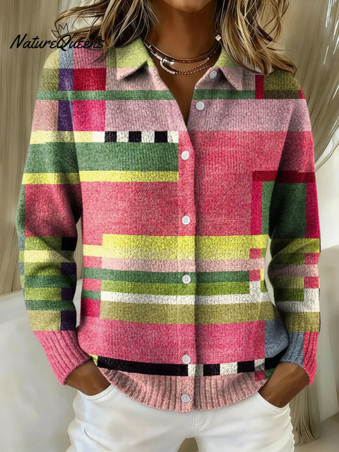 Women's Geometric Stripes Printed Collared Sweater