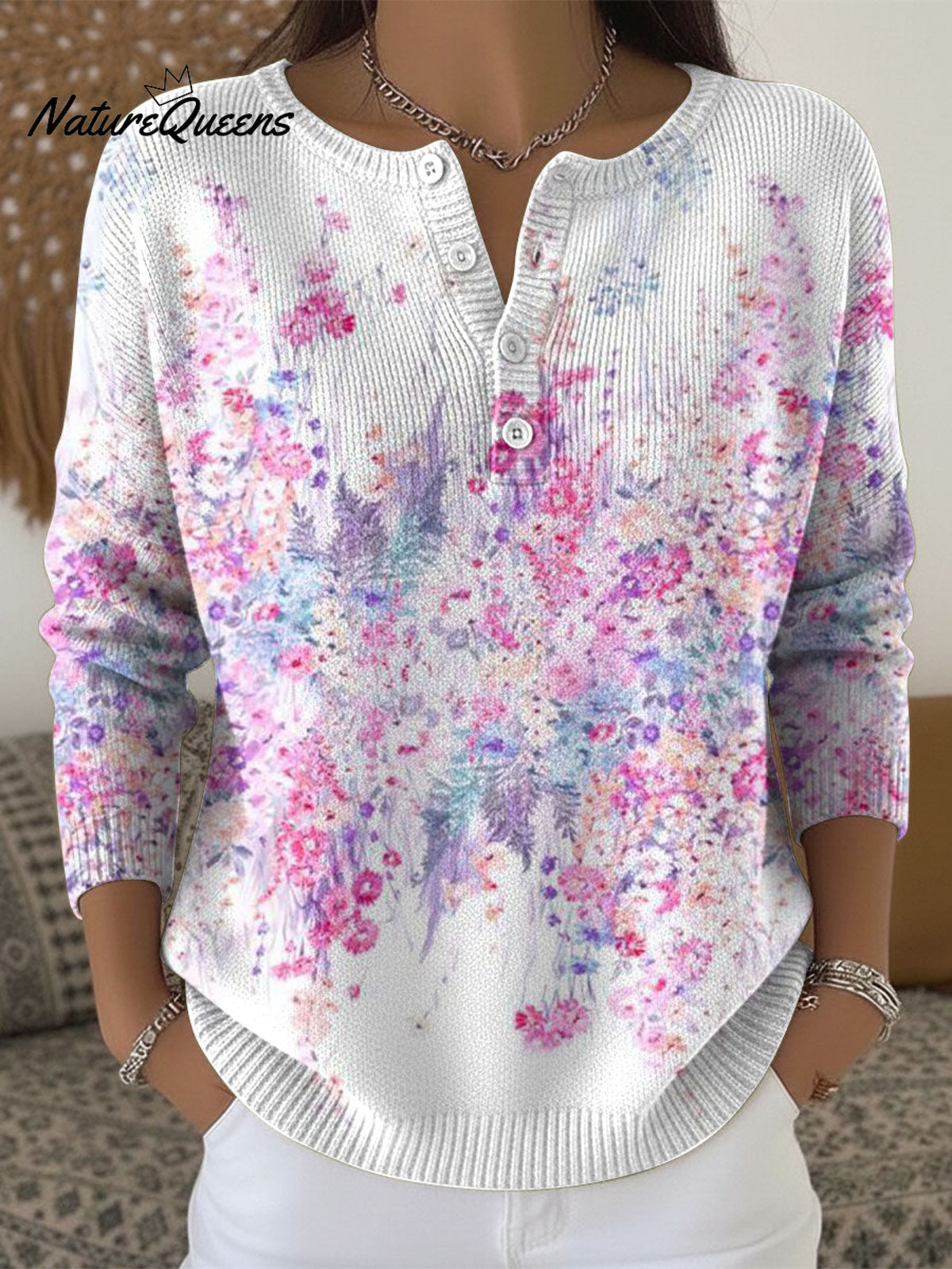 Women's Retro Floral Flowers Pattern Art Print Buttoned Cardigan Sweater
