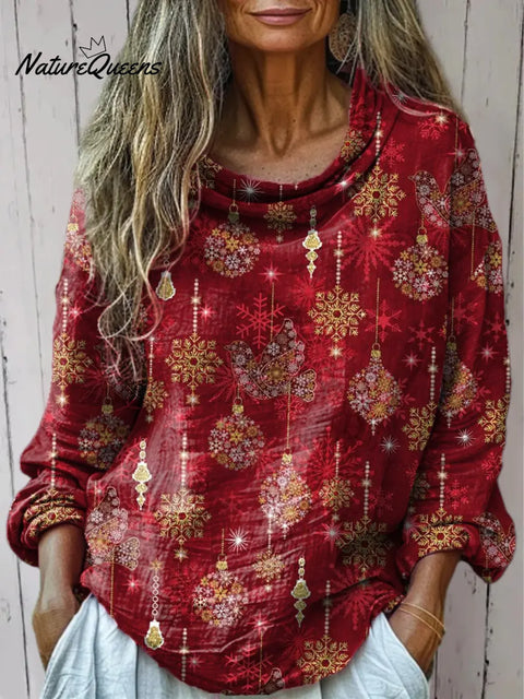 Women's Retro Christmas Bell Art Print Cotton Casual   Shirt