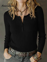 Women's Stretchy Knitted Cotton Henley Top