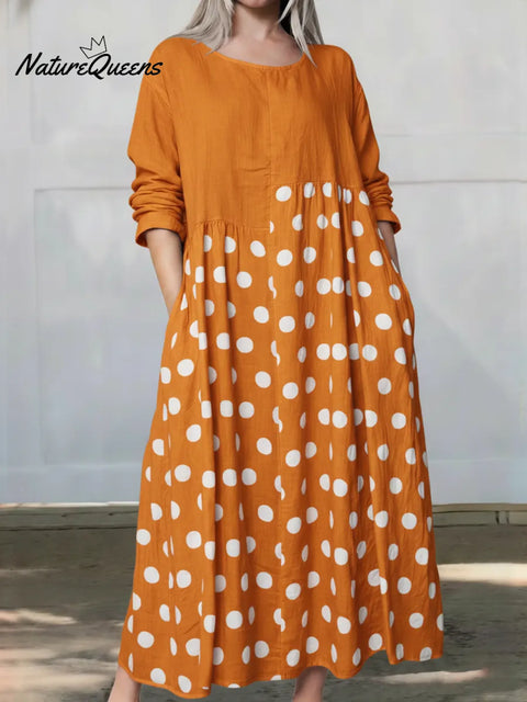 Women's Loose-fitting Polka Dot Patchwork Long-sleeved Linen Cotton Dress