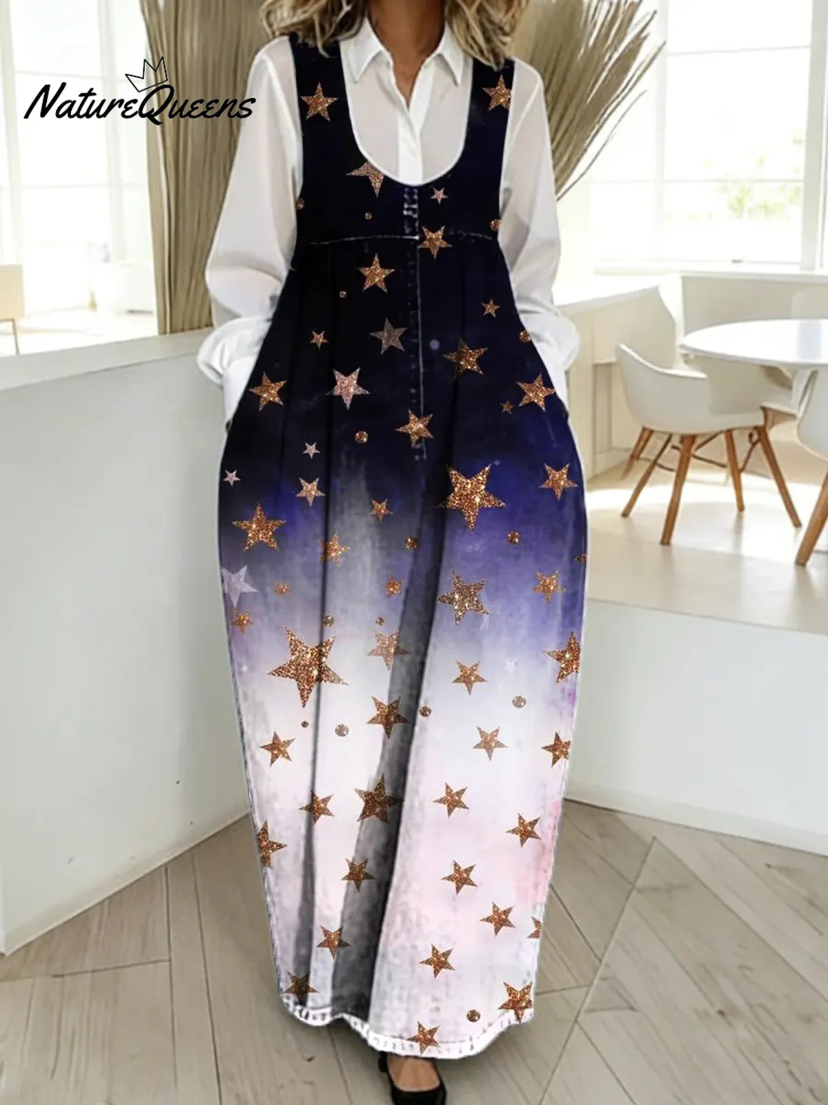 Women's Gradient Stars Art Print Casual Cotton Denim Dress
