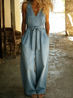 Casual Pleated Loose Denim Overalls Jumpsuit