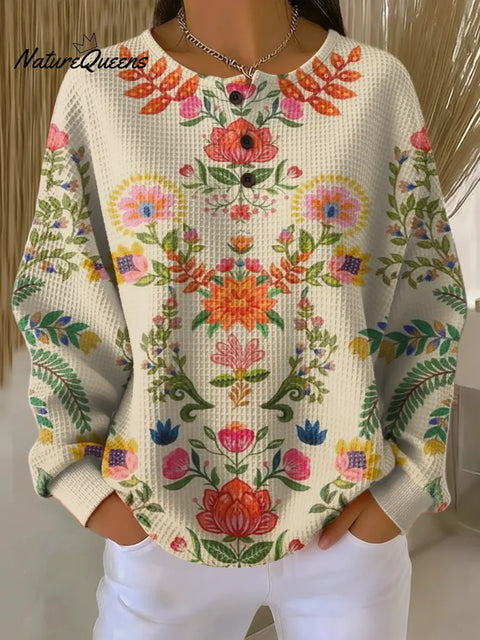 Women's Floral Pattern Art Print Casual Waffle Sweatshirt