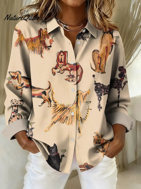 Women's Funny Dogs Art Print Casual Cotton Shirt