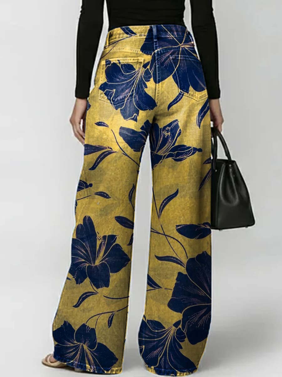 Women's Floral Art Print Casual Stylish Hollow Denim Pants