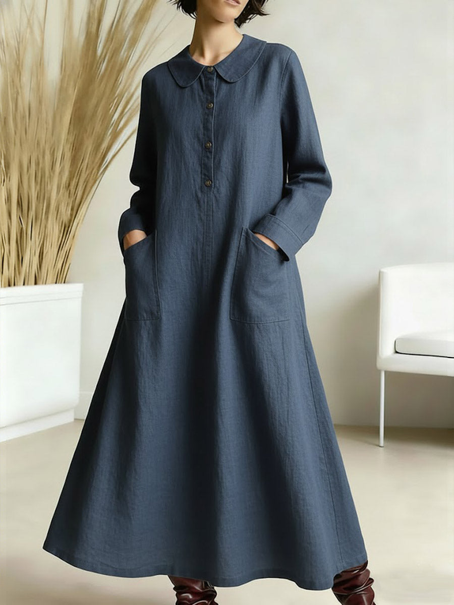 Women's Solid Color Peter Pan Collar Long-sleeved A-line Cotton And Linen Dress